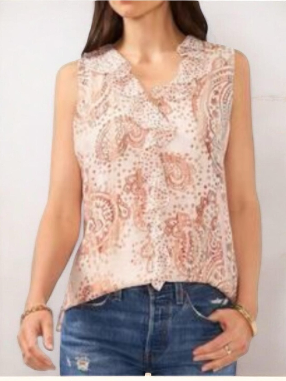 Vince Camuto Peach Multi Paisley Ruffle Sleeveless Blouse